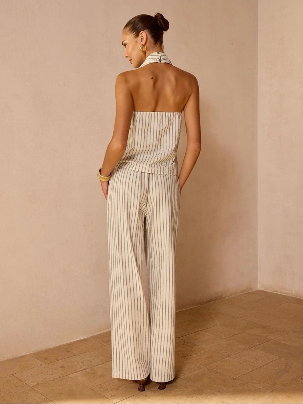 Striped Cream Wide-Leg Drawstring Pants - Cream a shirt set - Picture 4 of 4